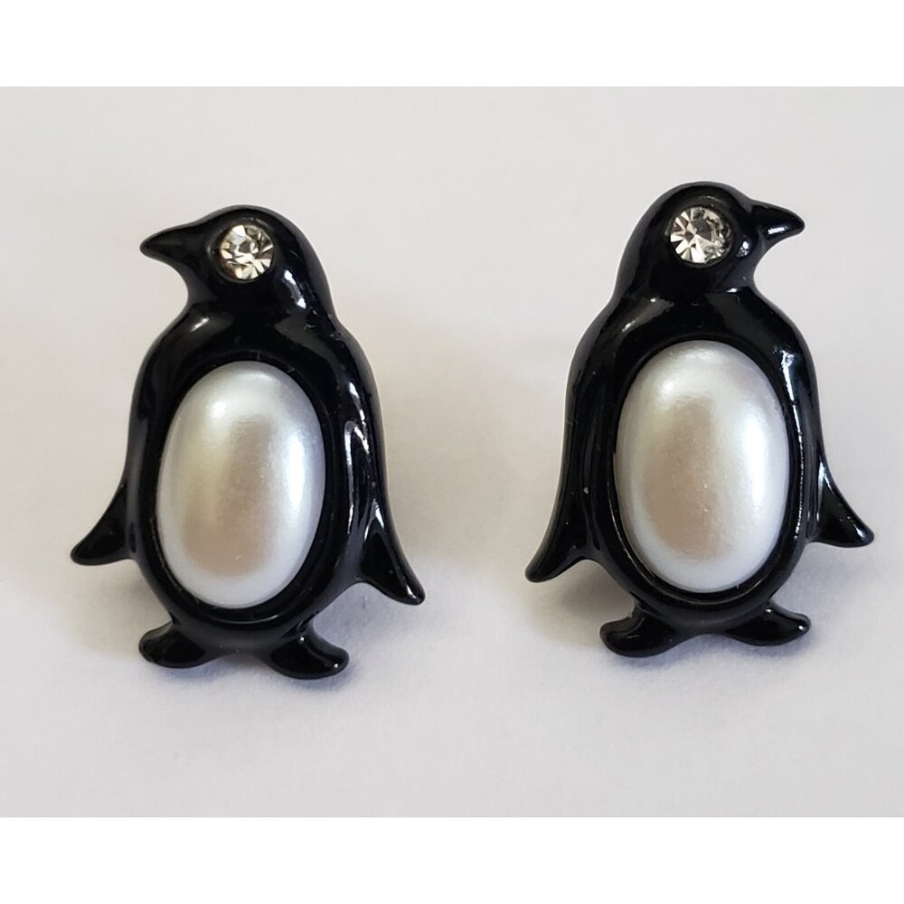 Penguin Pierced Earrings White Faux Pearl Rhinestone 3/4 in Vintage